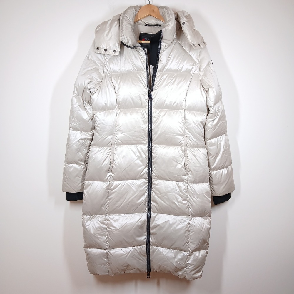 Pajar Canada Puffer Coat Womens Large Silver Long Hooded Winter Ski Gorpcore